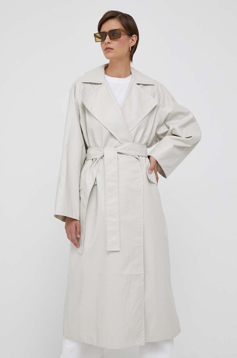Trench kabát Calvin Klein Jeans dámský, béžová barva, přechodný, dvouřadový