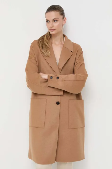Vlnený kabát BOSS béžová farba, prechodný, oversize