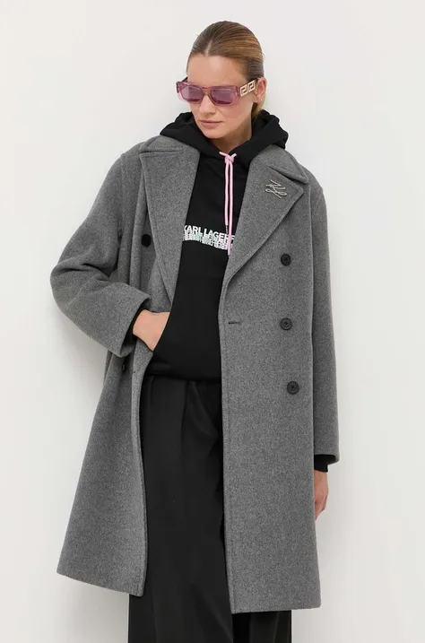 Μάλλινο παλτό Karl Lagerfeld χρώμα: γκρι