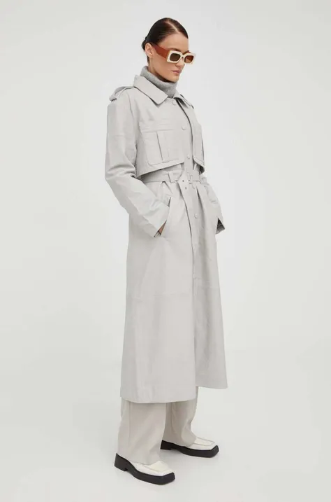 Kožni kaput Gestuz za žene, boja: siva, za prijelazno razdoblje