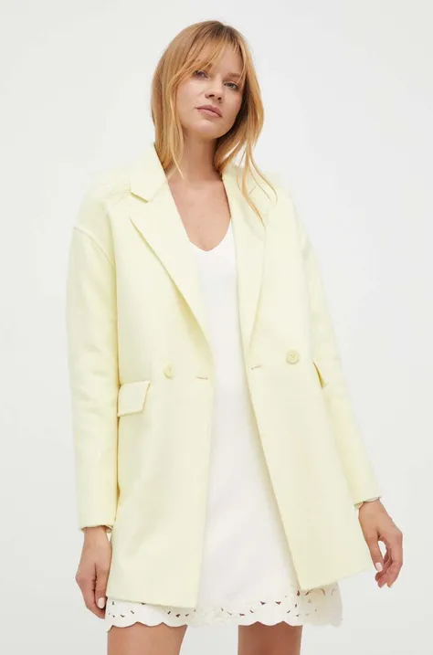 Vlnený kabát Twinset žltá farba, prechodný, dvojradový