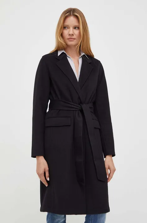 Vlnený kabát Twinset čierna farba, prechodný