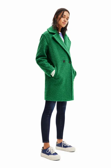 Kabát Desigual dámsky, zelená farba, prechodný, dvojradový