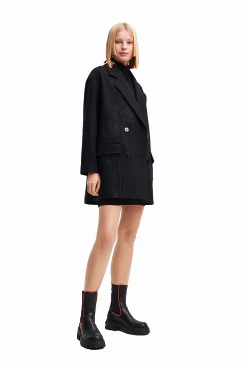 Kabát Desigual dámsky, čierna farba, prechodný, dvojradový