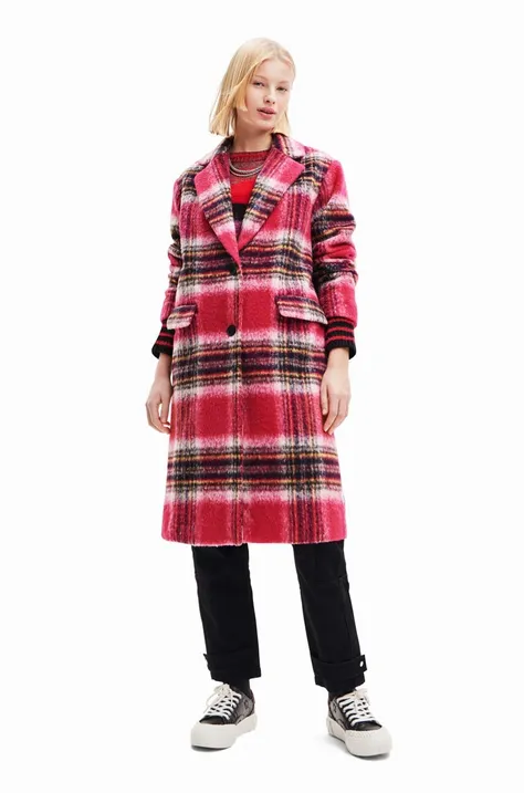 Пальто Desigual 23WWEWAD WOMAN WOVEN OVERCOAT жіноче колір рожевий перехідне двобортне
