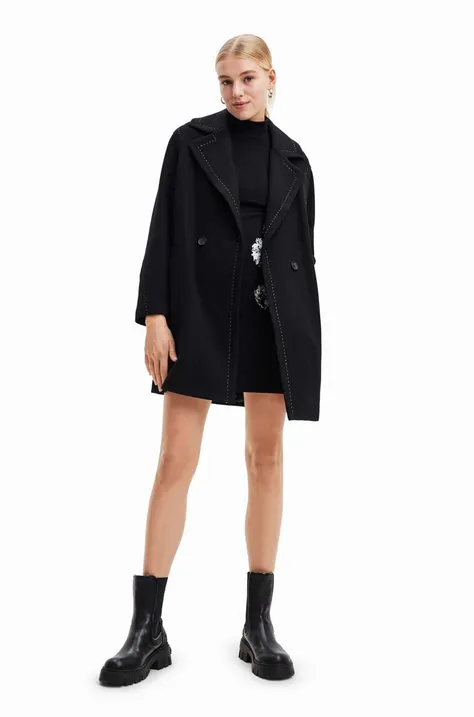 Kabát Desigual 23WWEWAU WOMAN WOVEN OVERCOAT dámský, černá barva, přechodný, dvouřadový