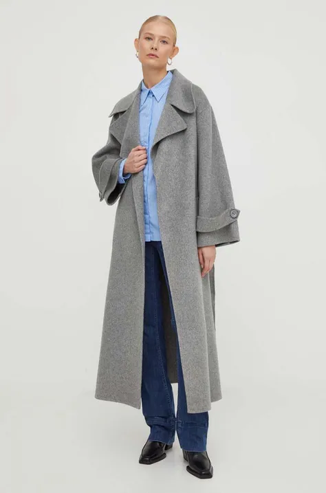 Vlnený kabát Luisa Spagnoli šedá farba, prechodný, bez zapínania