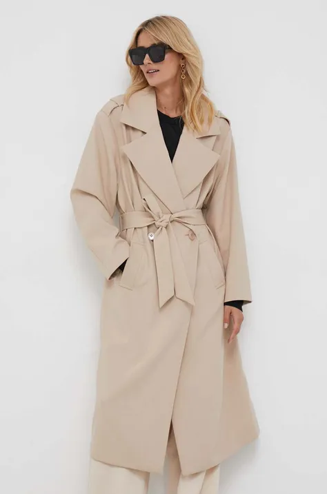 Kabát Sisley dámsky, béžová farba, prechodný, dvojradový