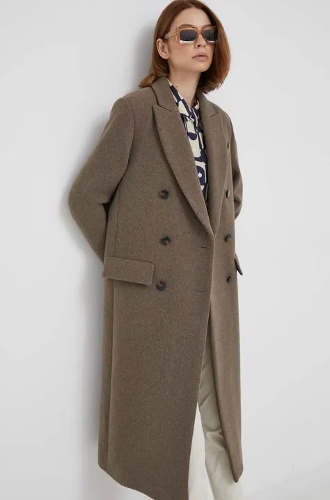 Vlnený kabát Sisley béžová farba, prechodný, dvojradový