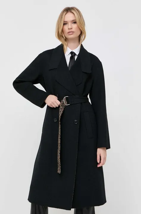 Vlnený kabát BOSS čierna farba, prechodný, dvojradový