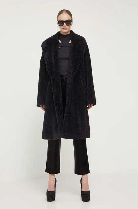 Kabát HUGO dámsky, čierna farba, prechodný, oversize