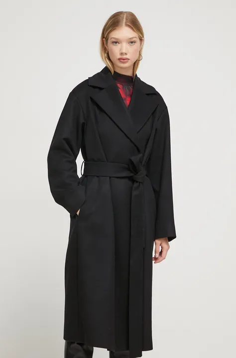 Μάλλινο παλτό HUGO χρώμα: μαύρο