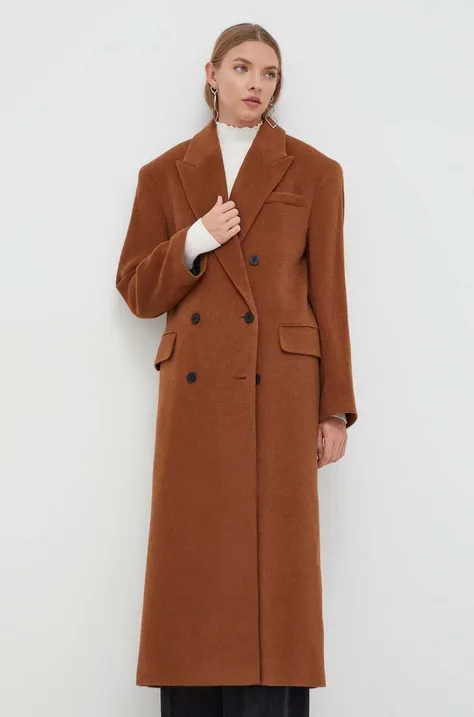 Шерстяное пальто HUGO цвет коричневый переходное двубортное