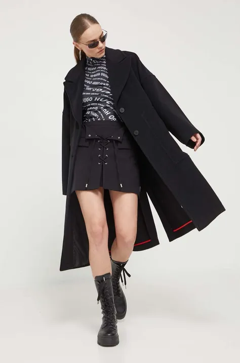 Вовняне пальто HUGO колір чорний перехідний без застібки