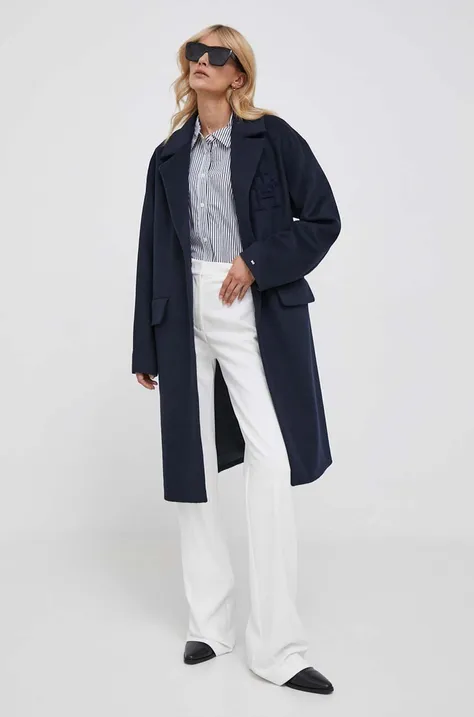 Вовняне пальто Tommy Hilfiger колір синій перехідне oversize