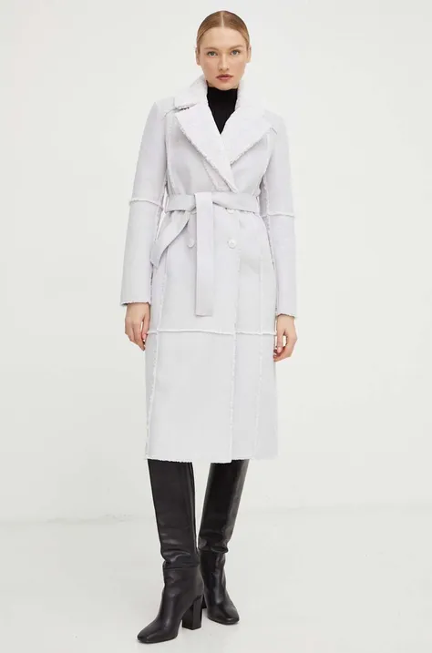 Kabát Patrizia Pepe dámsky, šedá farba, prechodný, dvojradový