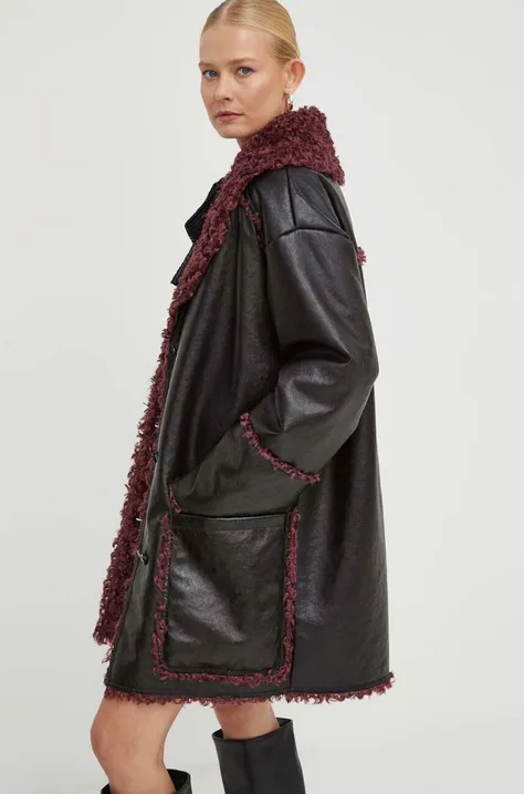 Patrizia Pepe palton femei, culoarea negru, de tranzitie, oversize