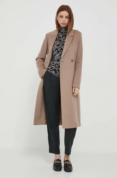 Calvin Klein palton de lana culoarea bej, de tranzitie, cu doua randuri de nasturi