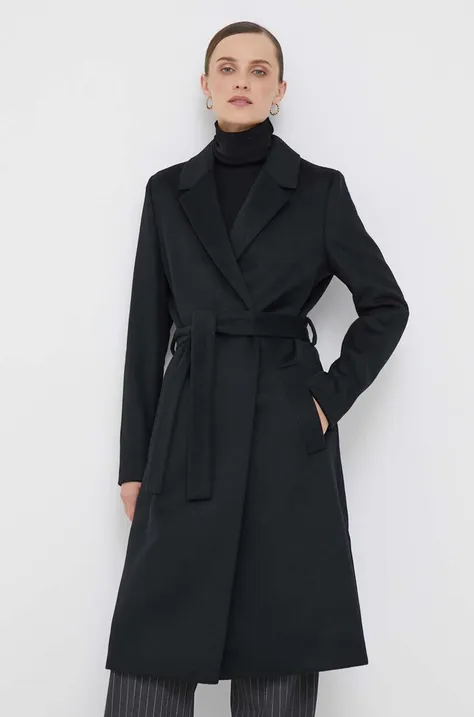 Vuneni kaput Calvin Klein boja: crna, za prijelazno razdoblje, kopčanje u dva reda