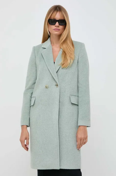 Kabát s prímesou vlny Twinset zelená farba, prechodný, dvojradový