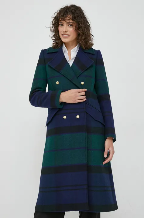 Vlnený kabát Barbour tmavomodrá farba, prechodný, dvojradový