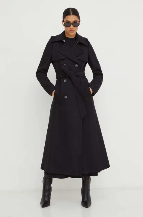 Ivy Oak płaszcz wełniany kolor czarny przejściowy dwurzędowy