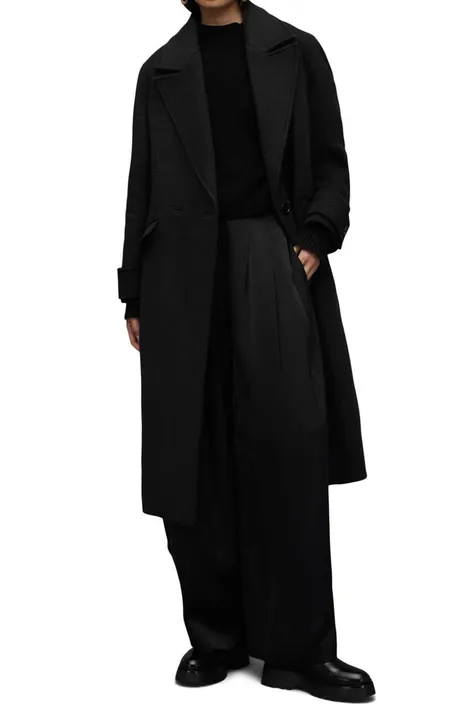 Kabát AllSaints WO016Z MABEL COAT dámsky, čierna farba, prechodný, dvojradový