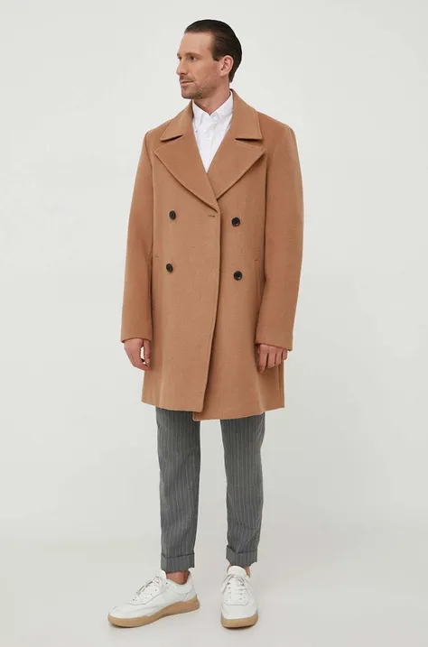 Vlnený kabát Guess hnedá farba, prechodný, dvojradový