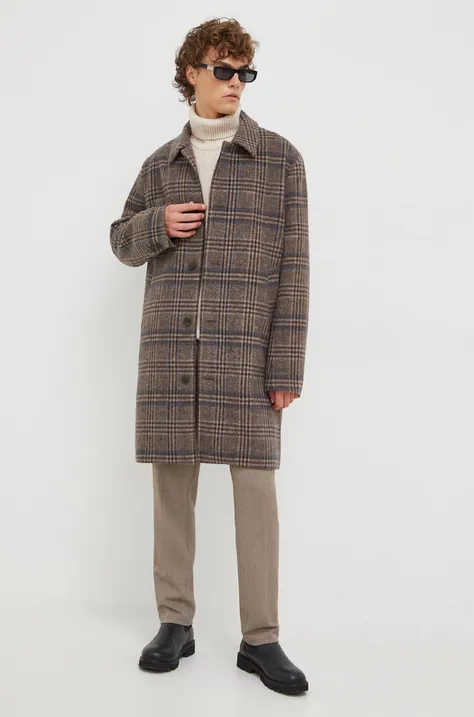Vlnený kabát Les Deux hnedá farba, prechodný, oversize