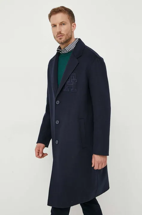 Vlnený kabát Tommy Hilfiger tmavomodrá farba, prechodný