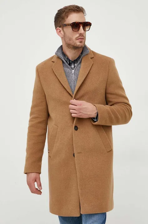 Tommy Hilfiger płaszcz wełniany kolor brązowy przejściowy