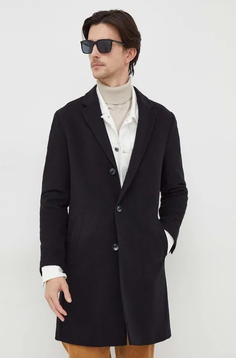 Vlnený kabát BOSS čierna farba, prechodný