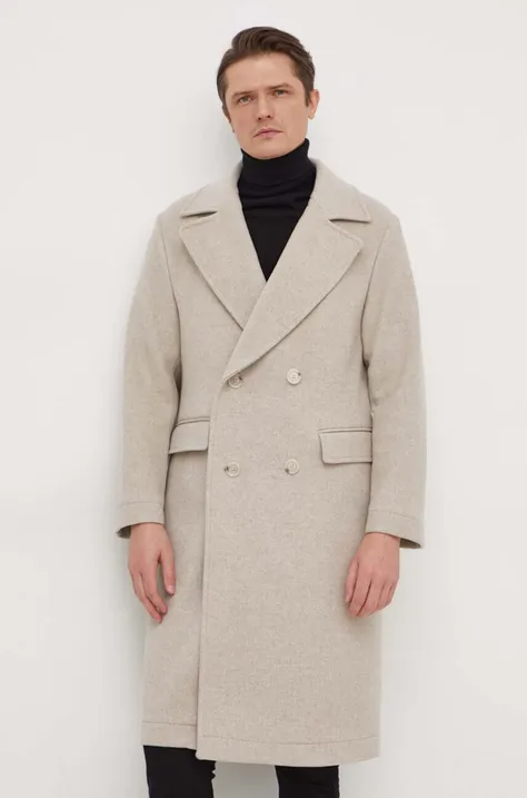 Vlnený kabát BOSS béžová farba, prechodný, dvojradový