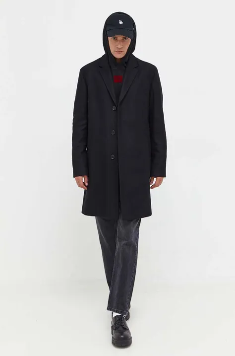 HUGO płaszcz wełniany kolor czarny przejściowy