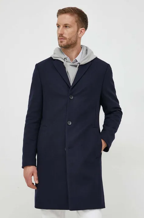 Vlnený kabát Calvin Klein tmavomodrá farba, prechodný