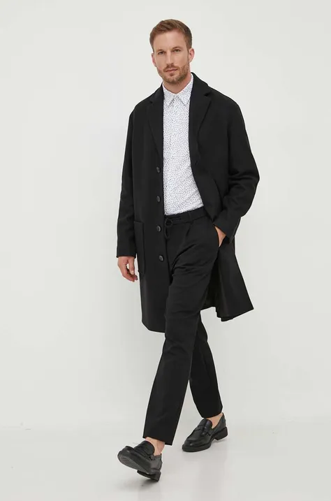 Vlnený kabát Calvin Klein čierna farba, prechodný