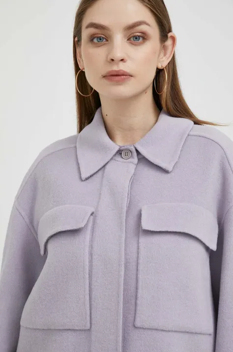 Vlnená bunda Calvin Klein fialová farba, prechodná