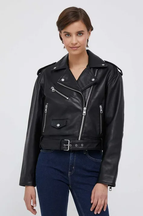Usnjena biker jakna Calvin Klein Jeans ženska, črna barva