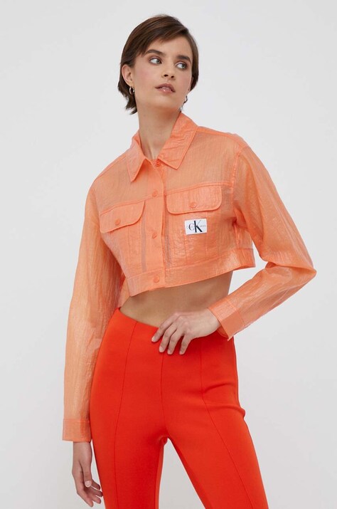 Calvin Klein Jeans geaca femei, culoarea portocaliu, de tranzitie