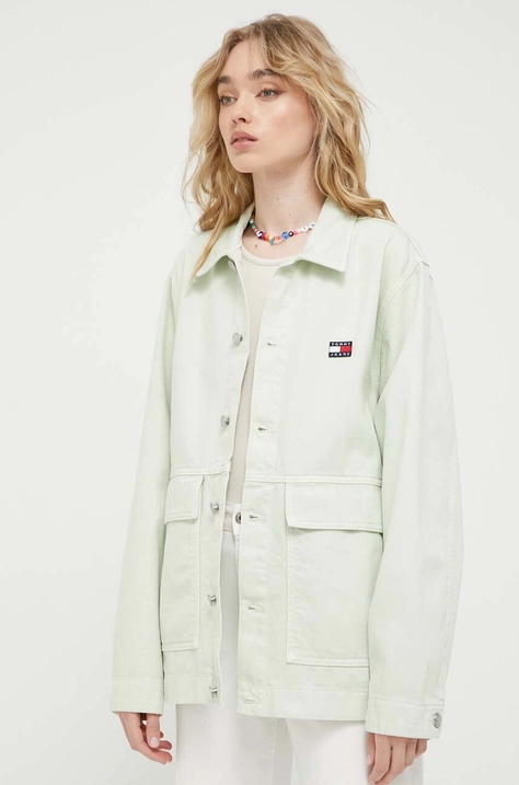 Tommy Jeans geaca jeans femei, culoarea verde, de tranzitie, oversize