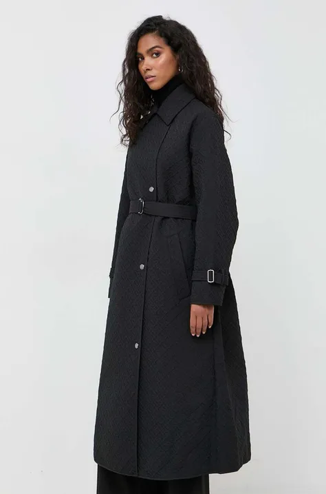 Kabát BOSS dámsky, čierna farba, prechodný, dvojradový
