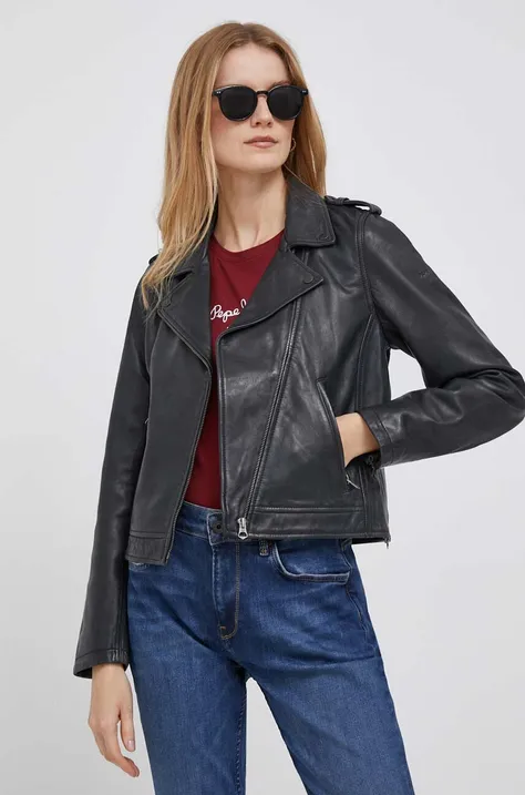 Kožená bunda Pepe Jeans dámska, čierna farba, prechodná
