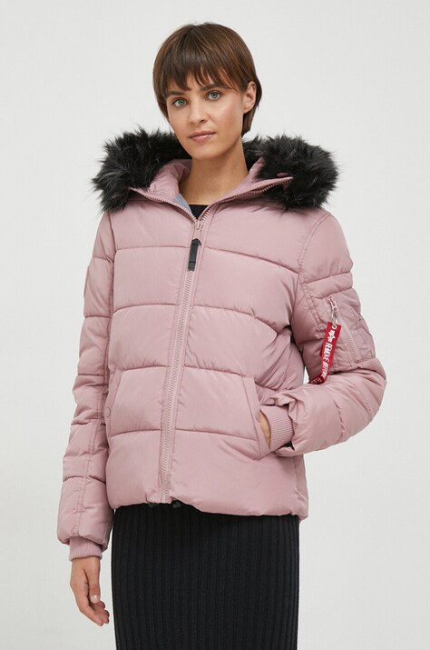 Alpha Industries geaca Hooded Puffer Wmn femei, culoarea roz, de iarna