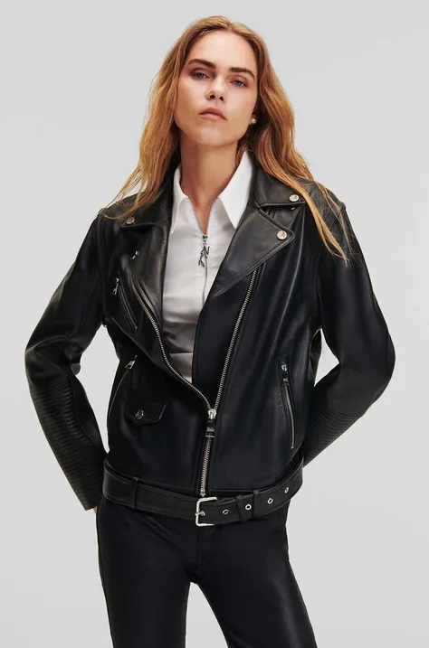 Шкіряна куртка Karl Lagerfeld жіноча колір чорний перехідна