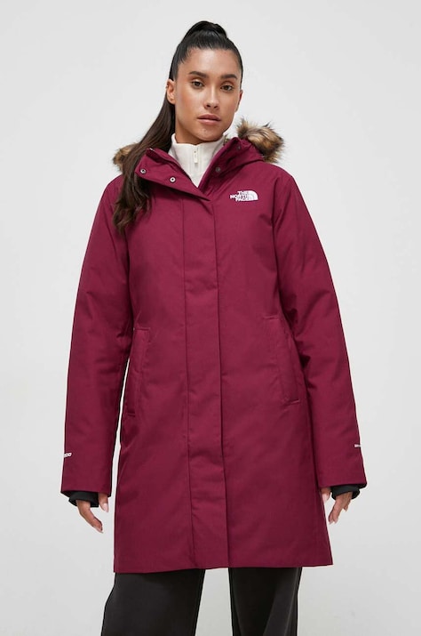 Péřová bunda The North Face dámská, vínová barva, zimní