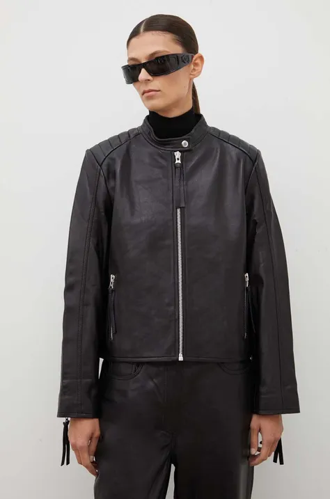 Samsoe Samsoe leather jacket women's black color
