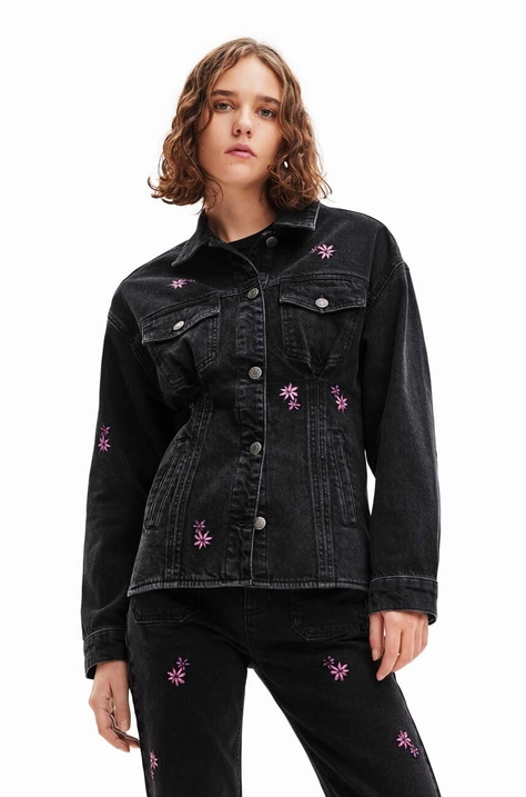 Rifľová bunda Desigual 23WWED33 WOMAN DENIM TRUCKER JACKET dámska, čierna farba, prechodná