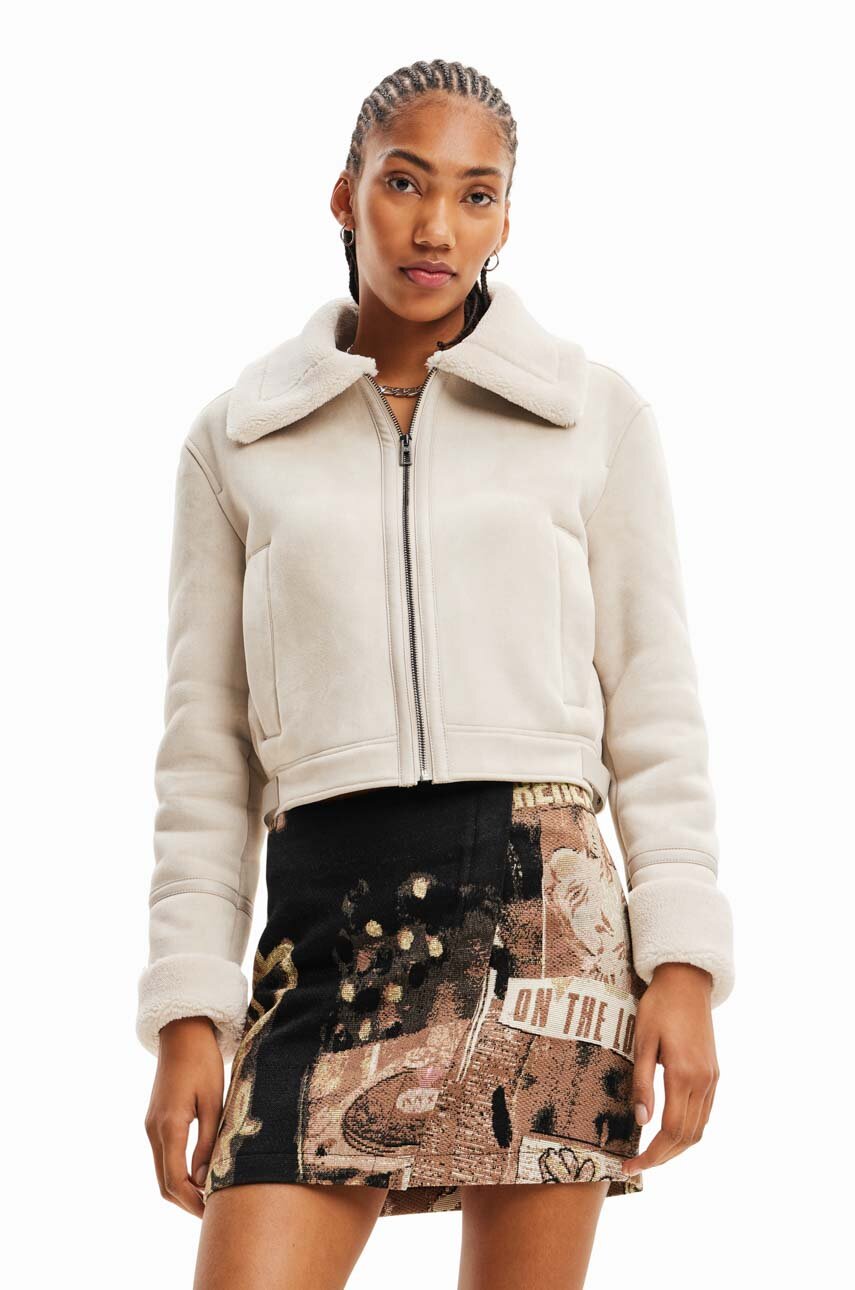 Desigual kurtka 23WWEW05 WOMAN WOVEN PU COAT damska kolor beżowy przejściowa