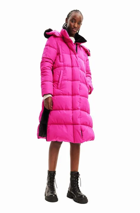 Kabát Desigual 23WWEWAZ WOMAN WOVEN PADDED LONG OVERCOA dámsky, ružová farba, zimná