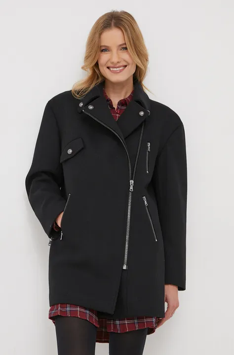 Kabát s prímesou vlny Sisley čierna farba, prechodný, oversize